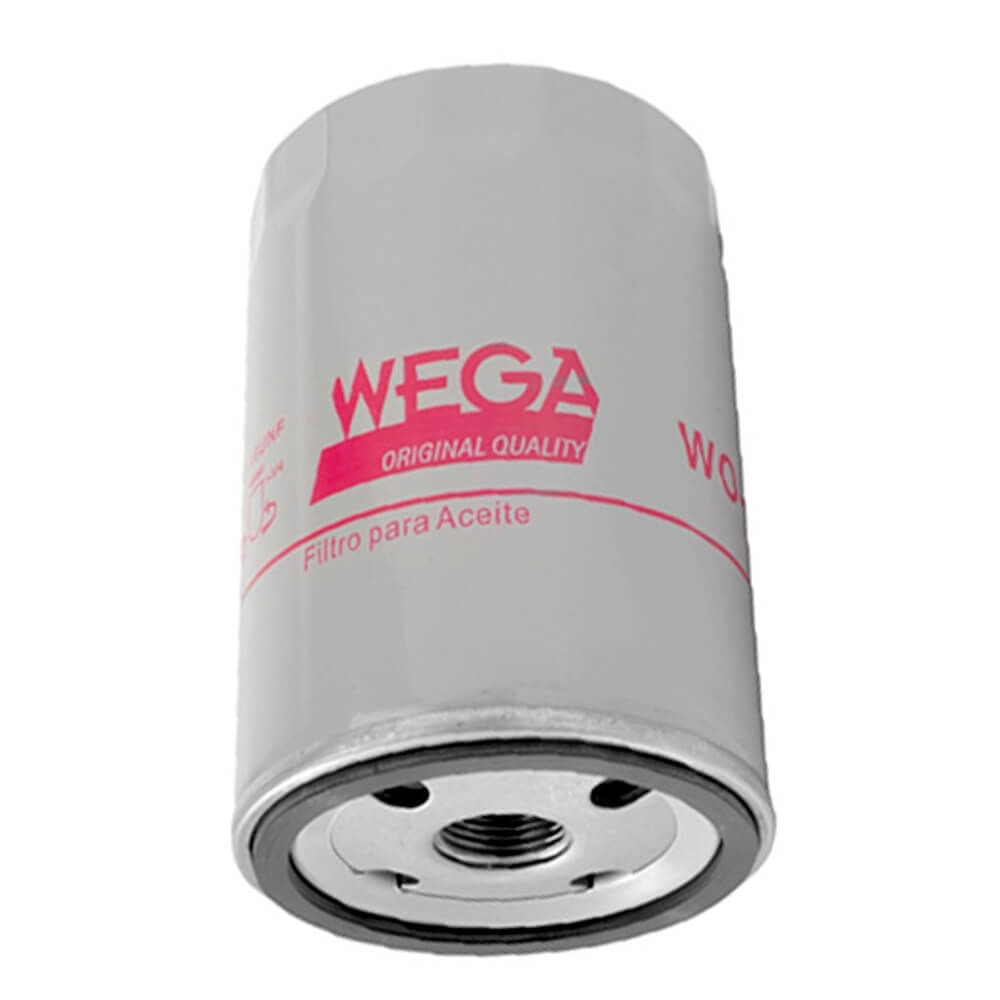 Close do filtro de óleo Wega com logo vermelho e detalhes da rosca