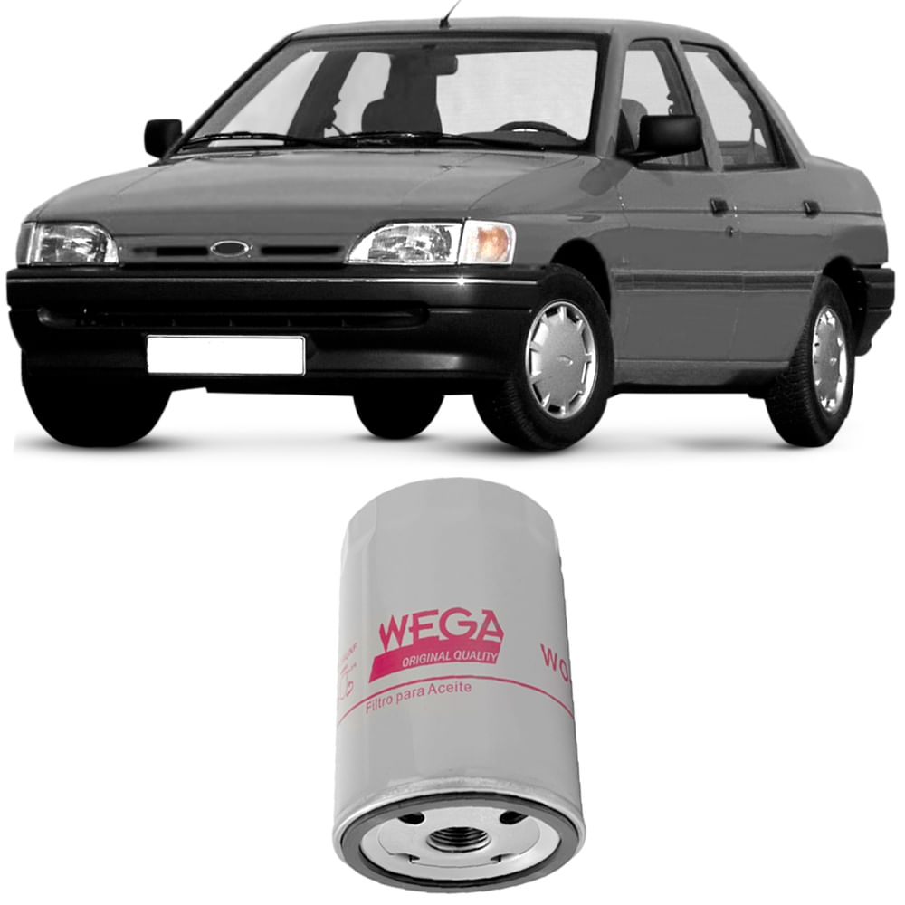Filtro de óleo Wega branco com texto vermelho ao lado de Ford Verona