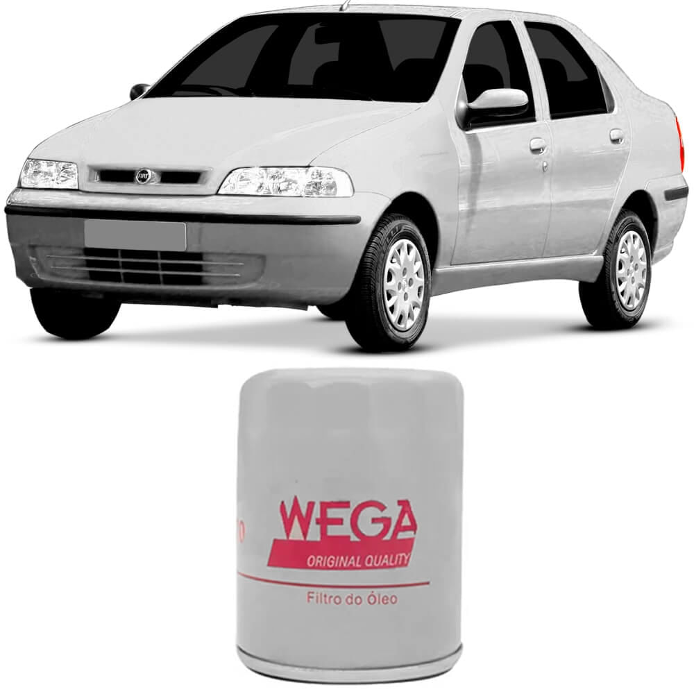 Filtro de óleo Wega branco com Fiat Siena 1.8 ao fundo