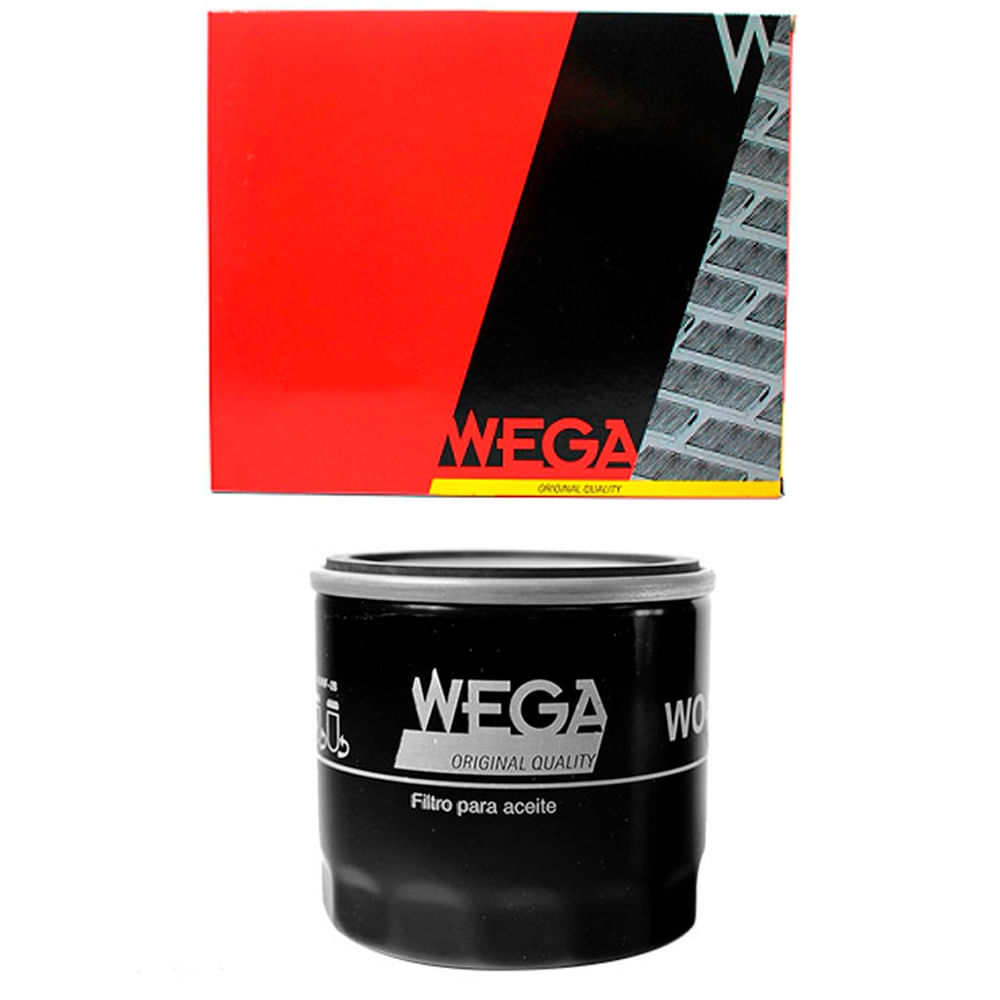 Caixa e filtro de óleo Wega com embalagem vermelha e preta