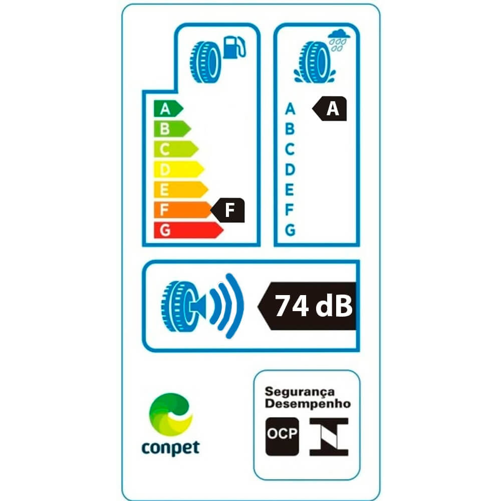 Etiqueta de eficiência para pneus Continental mostrando consumo de combustível F, aderência A em piso molhado, ruído externo 74 dB com selo Conpet e ícones de segurança