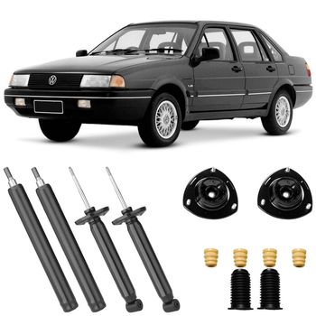 Amortecedores-dianteiros-e-traseiros-para-Santana-84-a-99-com-kit-Nakata-mostrando-componentes-e-o-carro-modelo-