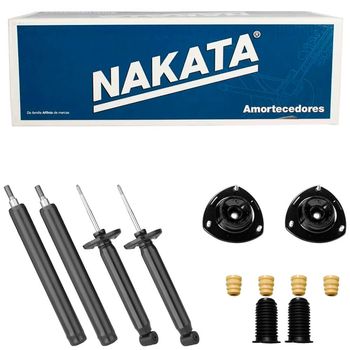 Amortecedores-dianteiros-e-traseiros-para-Santana-84-a-99-com-kit-Nakata-mostrando-componentes-e-o-carro-modelo-
