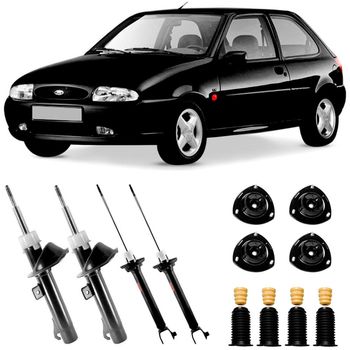 Amortecedores-Cofap-Turbogas-para-Ford-Fiesta-96-a-2001-com-kit-de-montagem-incluido-exibindo-o-carro-e-os-componentes-