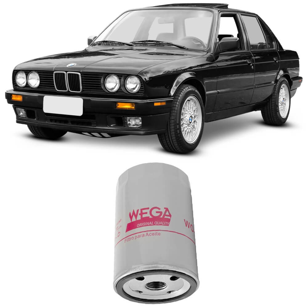 Filtro de óleo Wega branco em primeiro plano com BMW Série 3 ao fundo