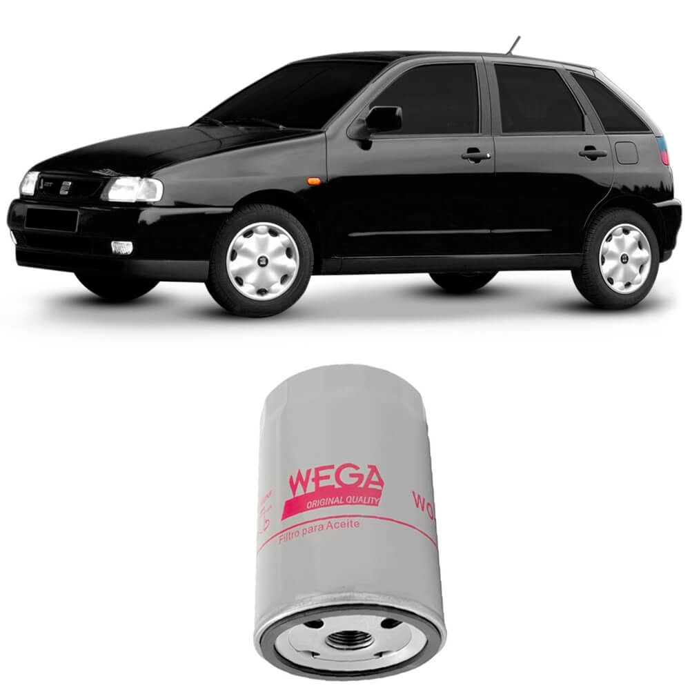 Filtro de óleo Wega para Seat Ibiza 1.8 95 a 99 com carro preto ao fundo