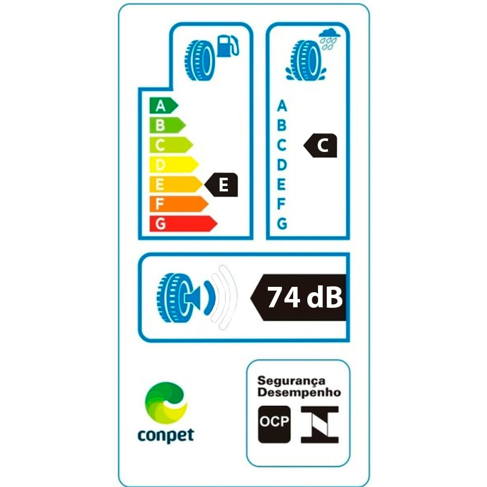 Etiqueta de desempenho do pneu Pirelli Cinturato P1 mostrando eficiência energética E, aderência C e ruído 74 dB