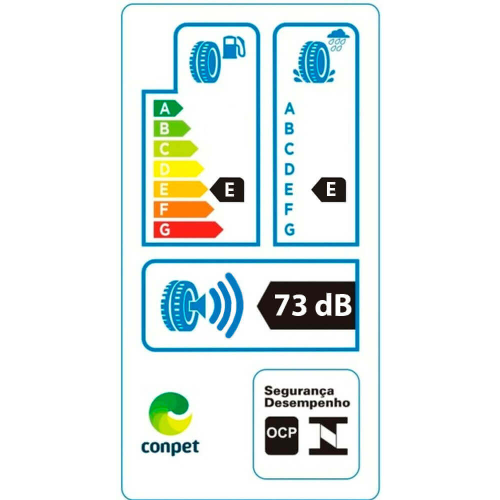 Etiqueta de desempenho do pneu General Grabber AT3 mostrando classes energéticas, aderência e ruído conforme certificação INMETRO