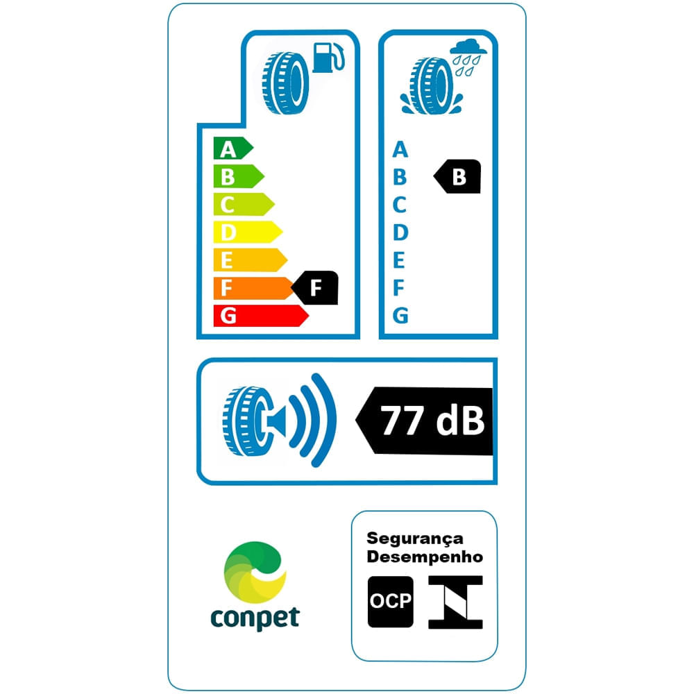 Selo de etiquetagem veicular do pneu Xbri Brutus T/A mostrando consumo de combustível F, aderência B em pista molhada e nível de ruído 77 dB