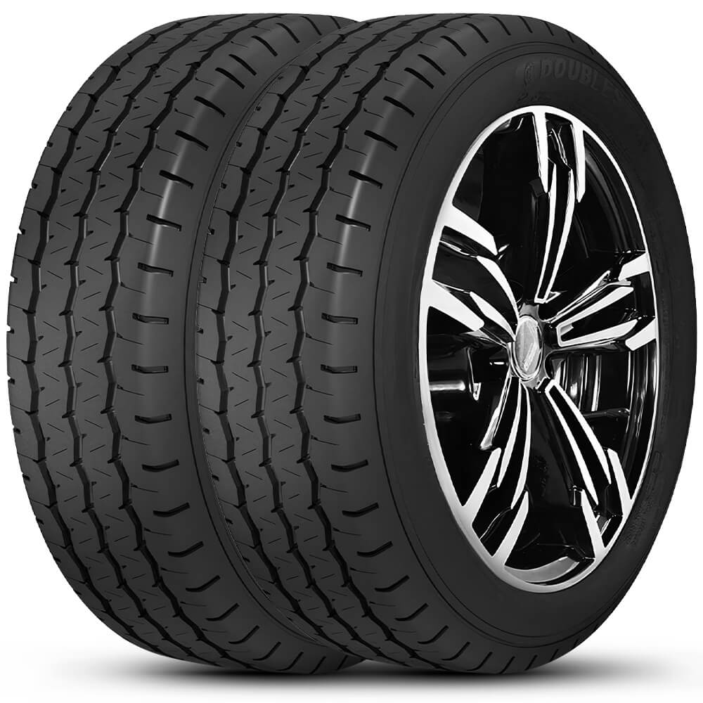 Imagem de dois pneus Doublestar Aro 16 205/75R16 com selo de eficiência e informações de resistência, frenagem e ruído.
