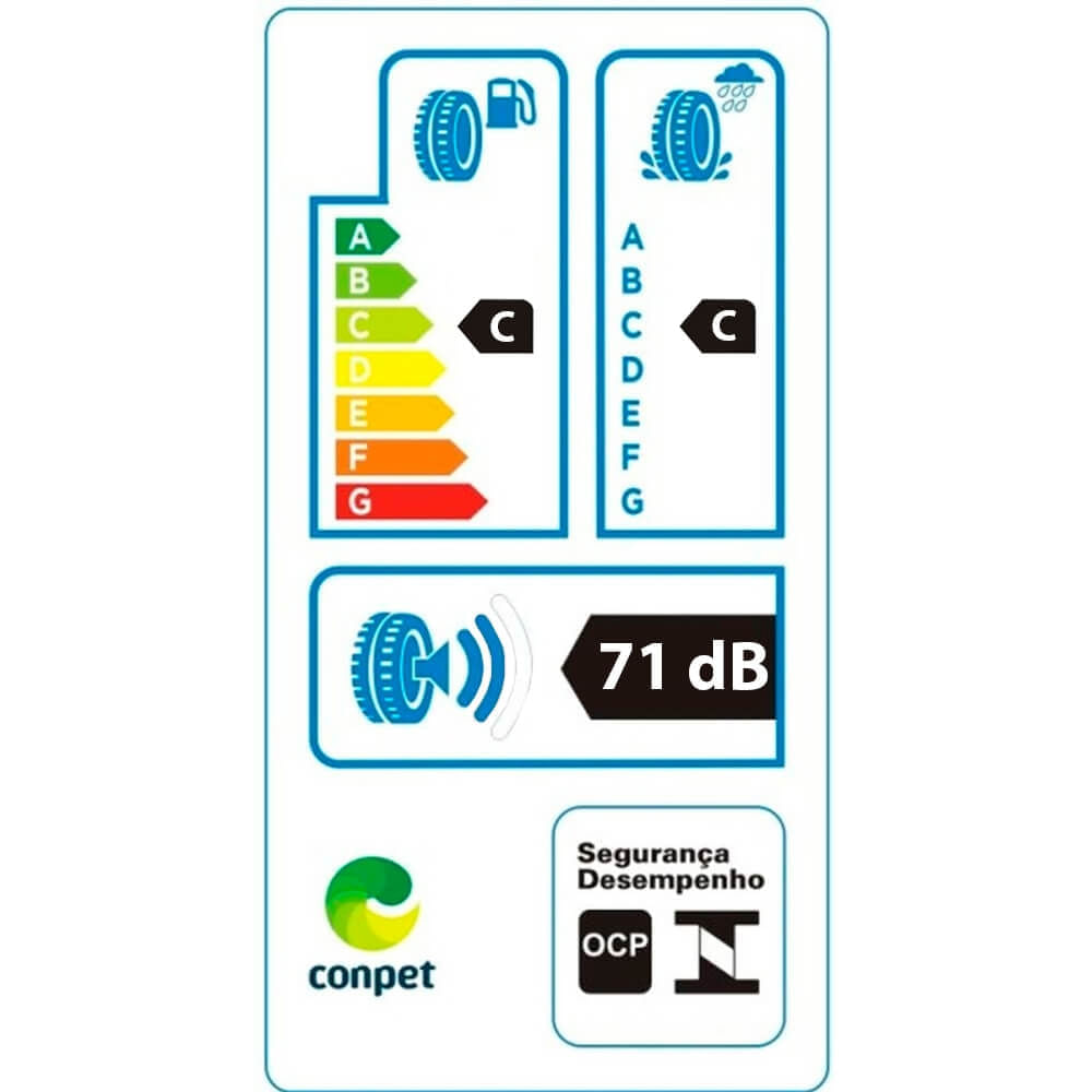 Etiqueta de desempenho do pneu Goodride RP28 mostrando eficiência energética C, aderência C e ruído 71 dB com selo CONPET
