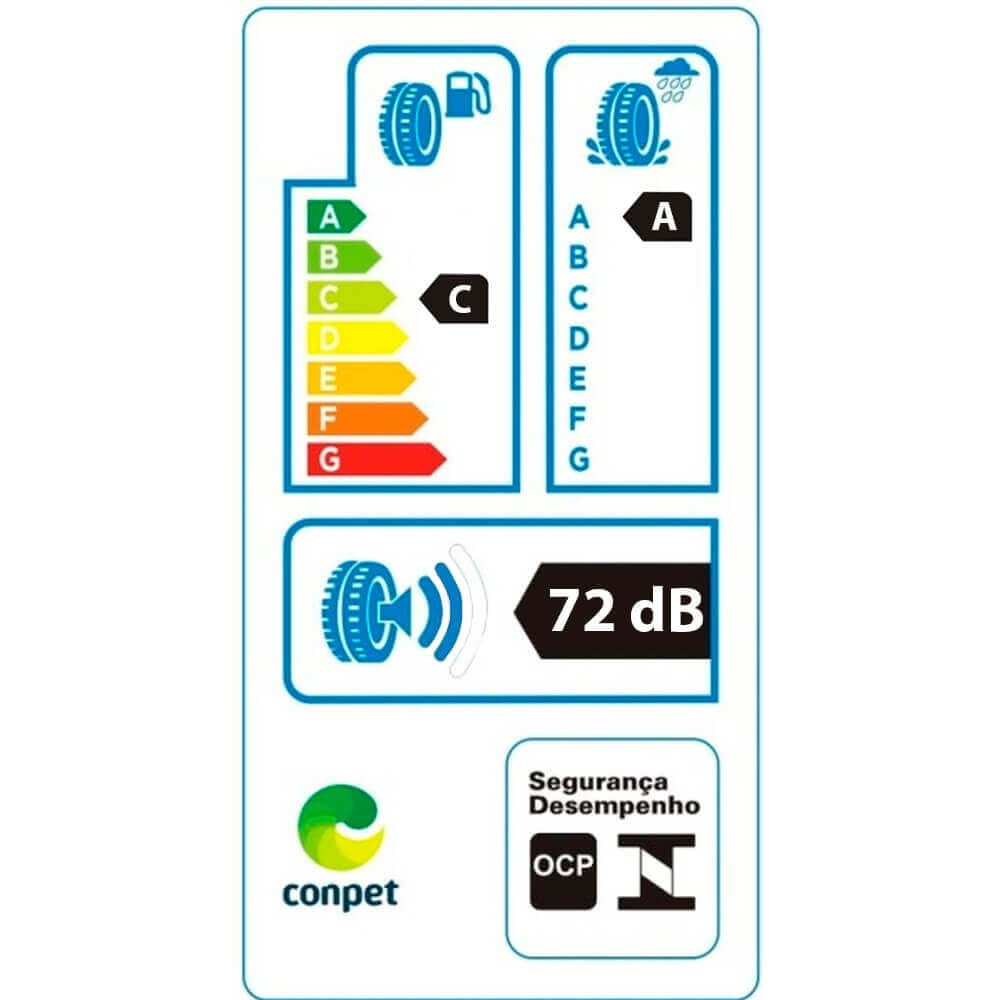 Etiqueta de desempenho do pneu Continental com classificações de eficiência energética, aderência e ruído