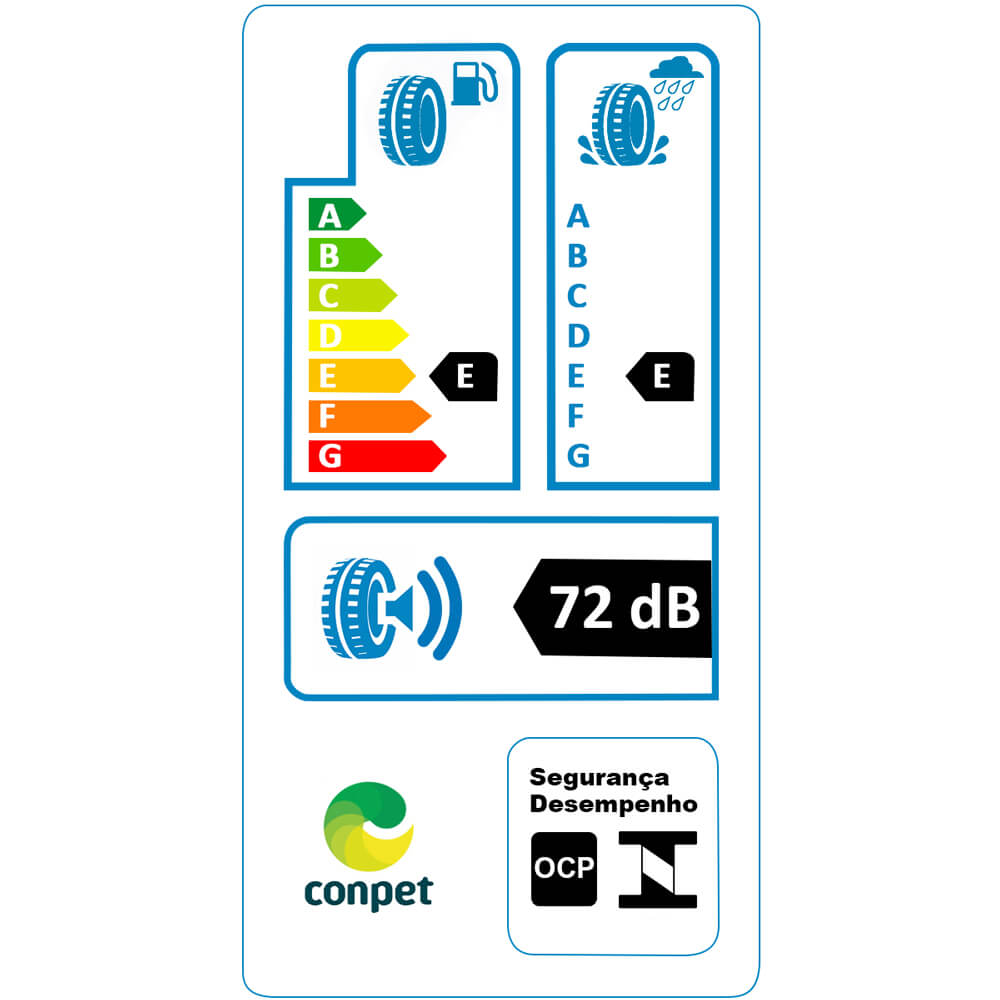 Etiqueta de eficiência energética do pneu XBRI Forza A/T 2 mostrando classificações de resistência, frenagem e ruído conforme INMETRO