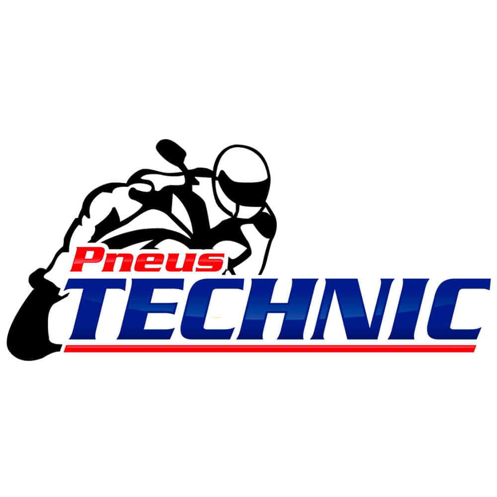 Logo da marca Pneus Technic com desenho estilizado de motociclista usando capacete