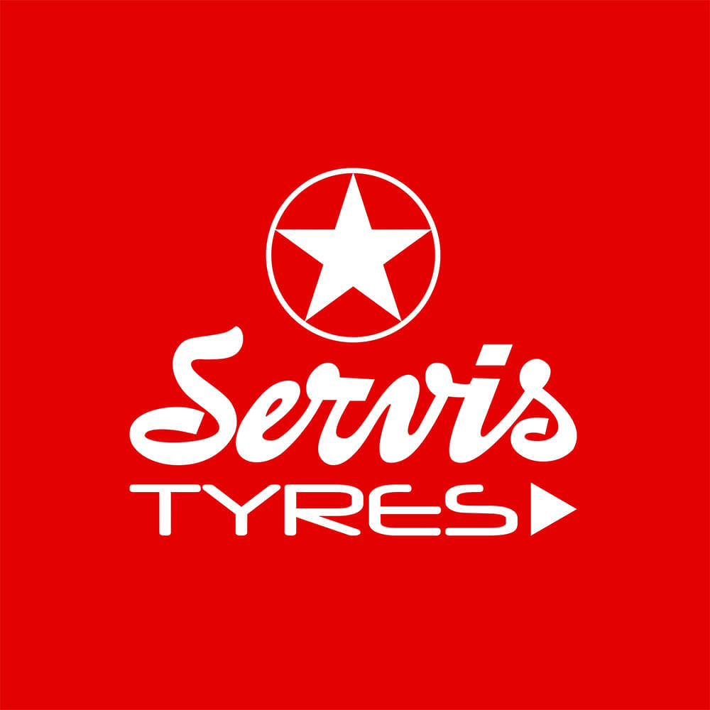 Logotipo da marca Servis Tyres em fundo vermelho com estrela e nome da marca em branco