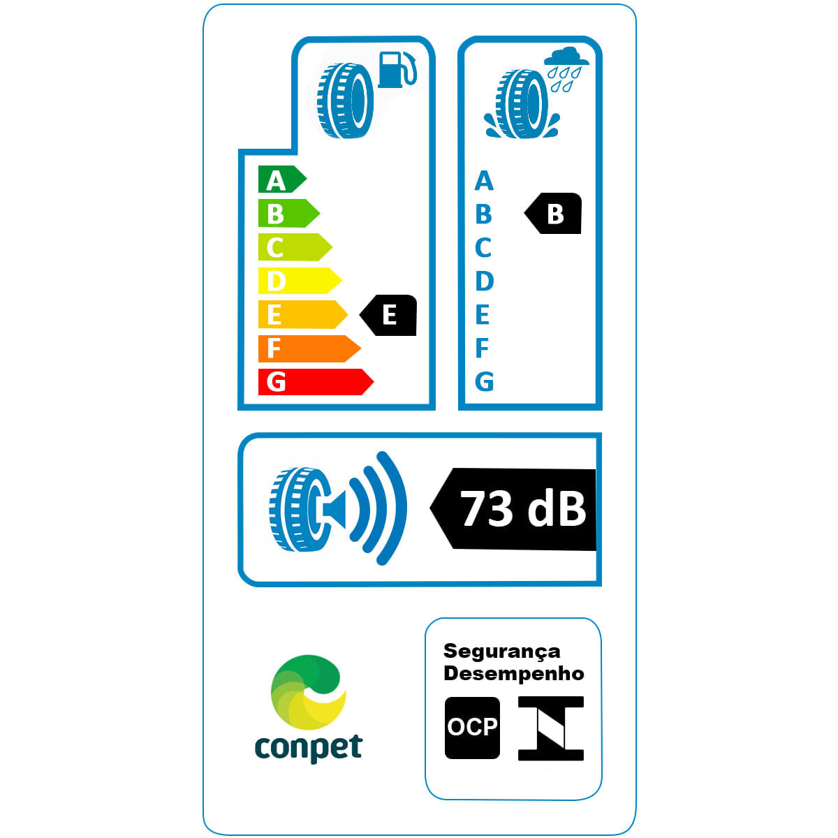 Etiqueta de eficiência energética do pneu Continental com notas E para consumo, B para aderência e ruído de 73 dB.