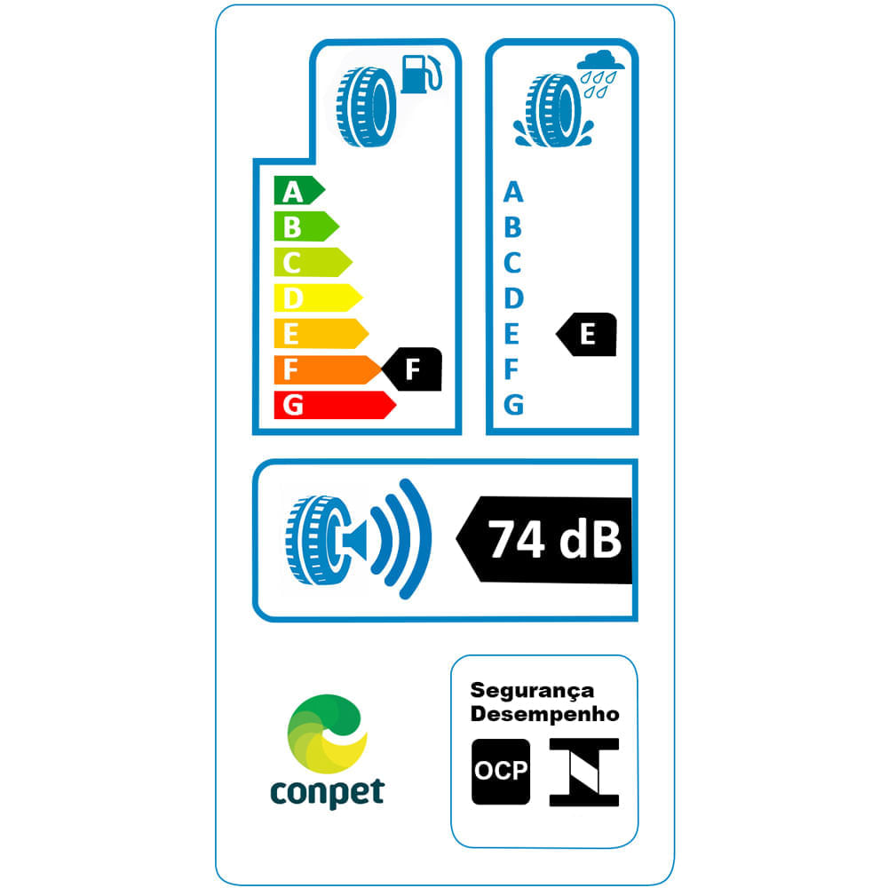 Etiqueta de eficiência energética do pneu General Grabber AT3 mostrando consumo F, aderência E, e ruído 74 dB