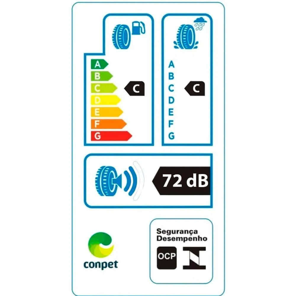 Selo INMETRO do pneu Continental PowerContact 2 mostrando consumo C, aderência C e ruído 72 dB