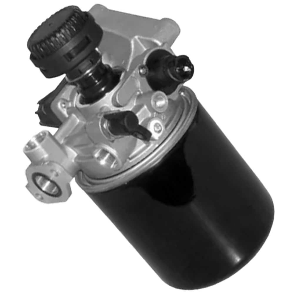 Secador de ar automotivo para caminhões, corpo cilíndrico preto com cabeça em metal prateado contendo conexões e válvula rotativa preta.