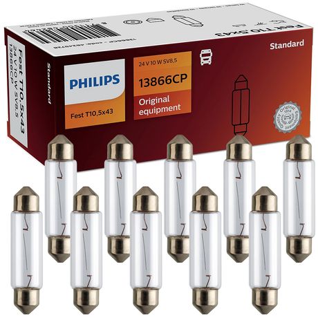 Kit 10 Lâmpada Philips Torpedo FestT10,5x43 10w 24v 43mm SV8,5 Luz Teto