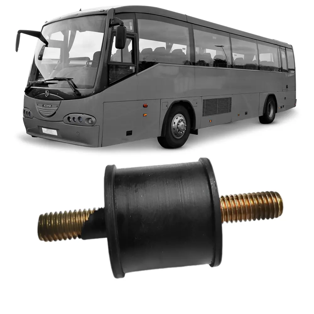 Coxim Fix Tubo Refrigeração SCANIA com ônibus ao fundo, corpo preto e parafusos dourados