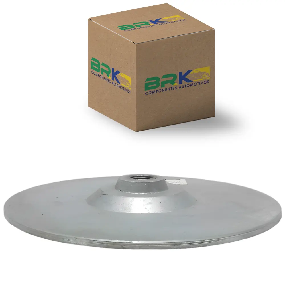 Flange metálico prateado 220mm com caixa BRK Componentes Automotivos ao fundo