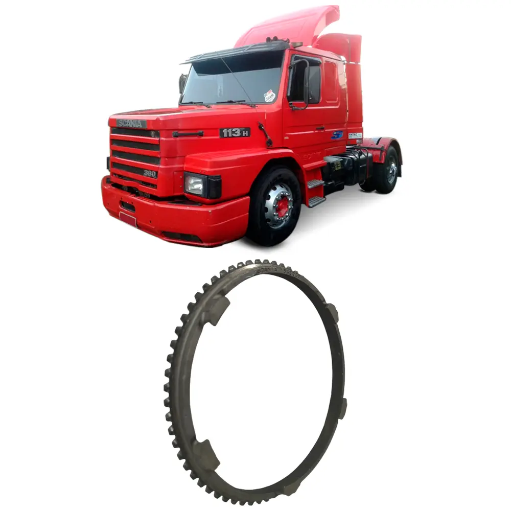 Composição com caminhão Scania vermelho e anel sincrônico cinza-escuro
