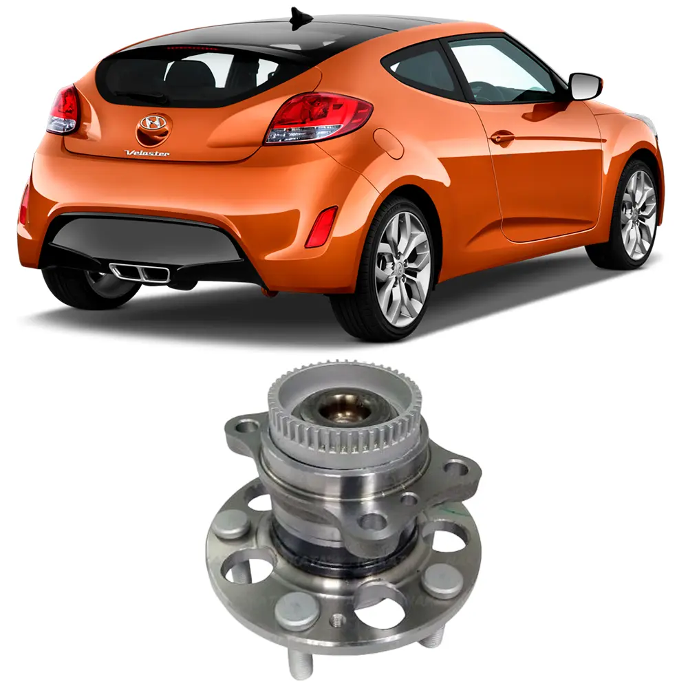 Cubo de roda traseiro prateado com Hyundai Veloster laranja ao fundo
