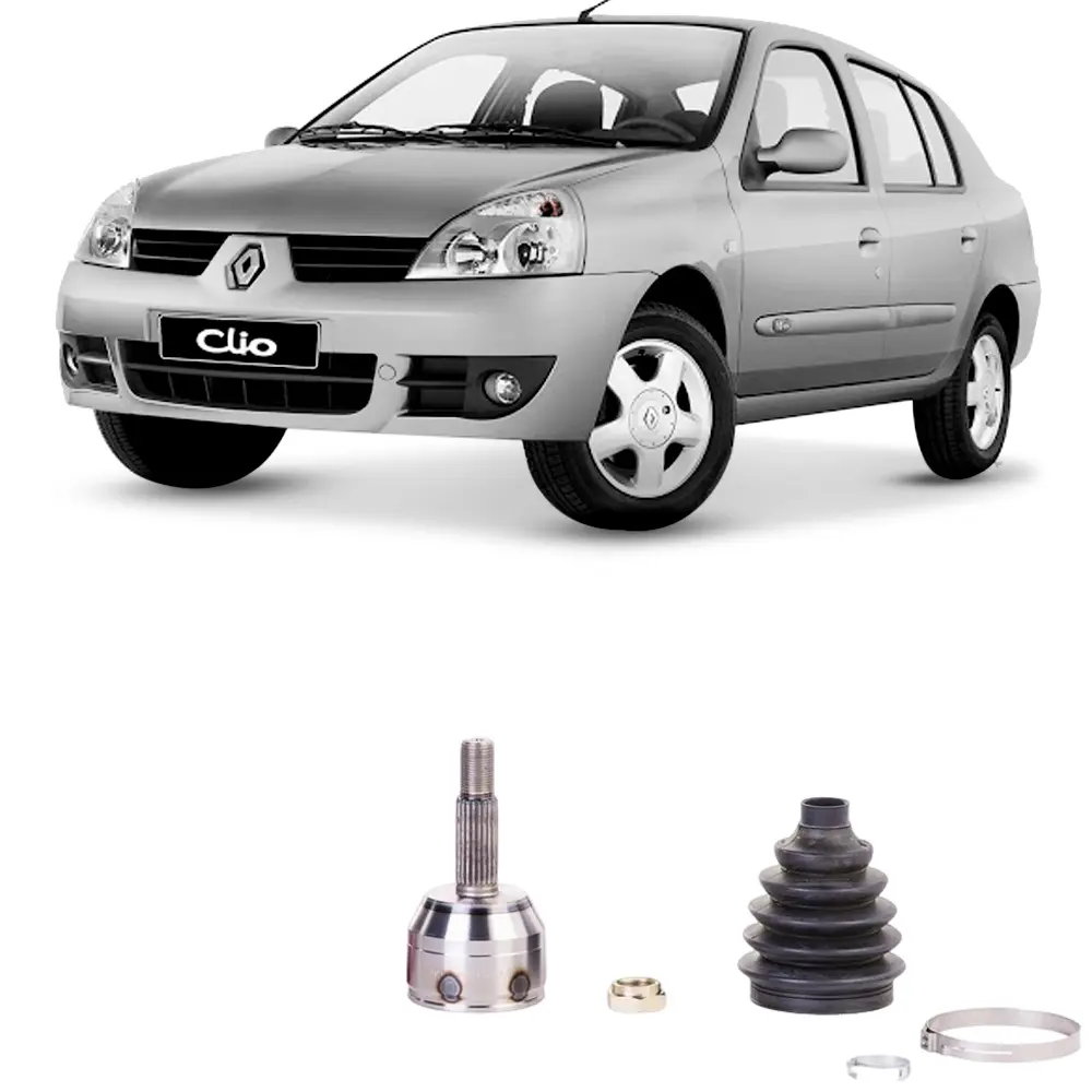 Junta Homocinética e Renault Clio ilustrando compatibilidade e peças inclusas