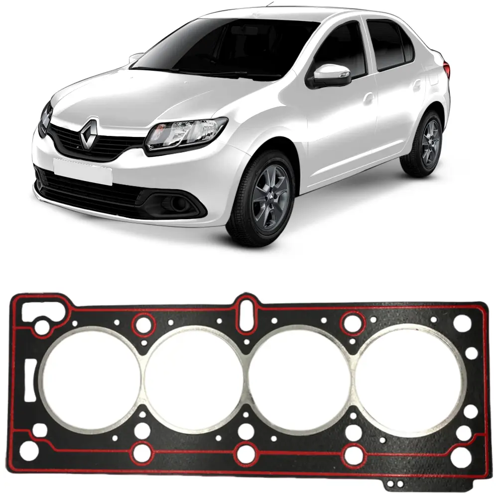 Junta de cabeçote preta com detalhes vermelhos ao lado de carro Renault Logan branco