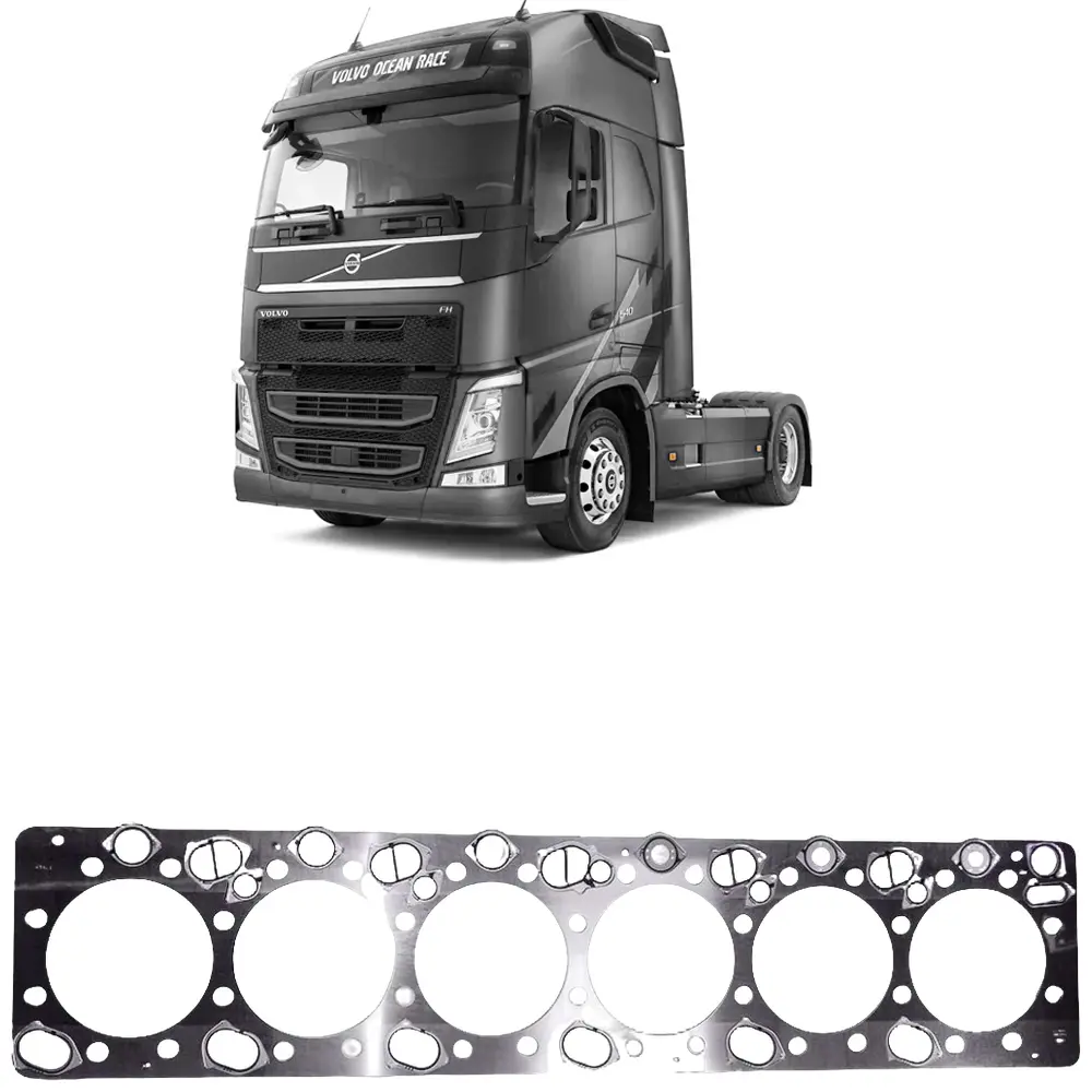 Junta de cabeçote metálica com caminhão Volvo FH13 ao fundo