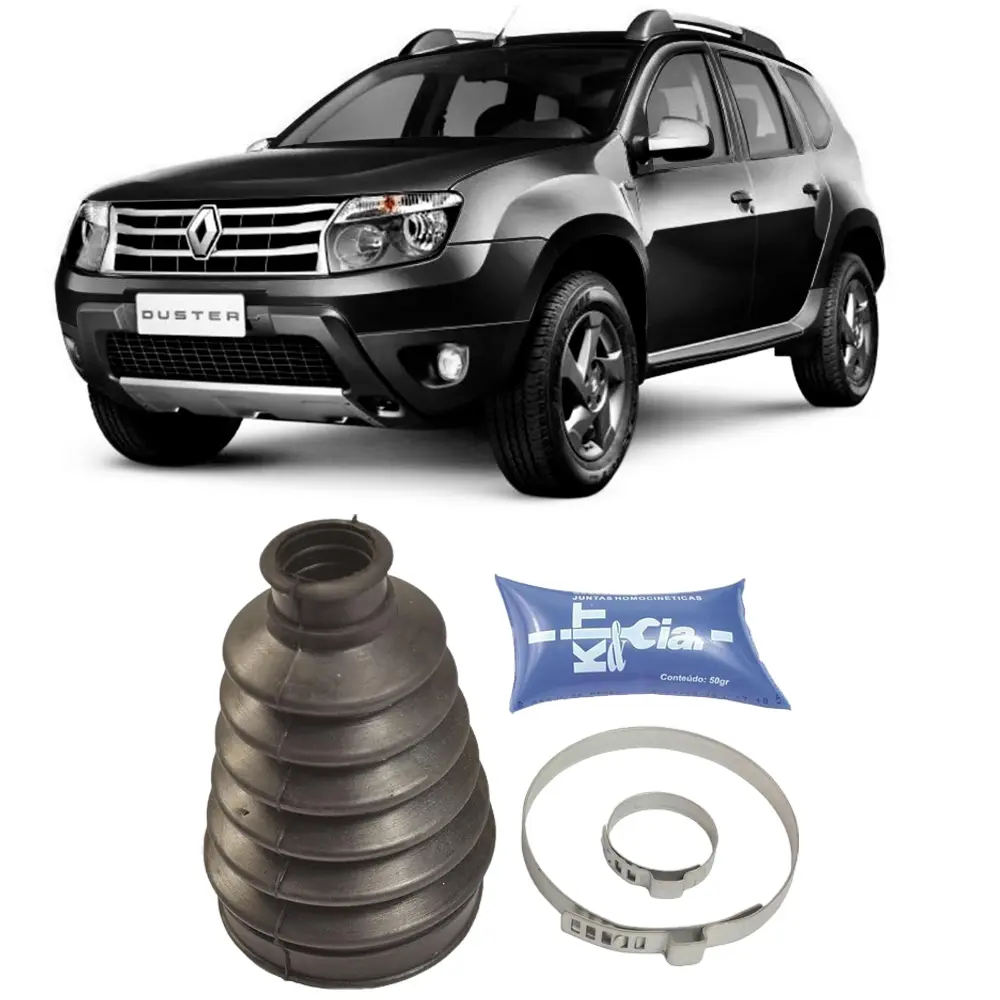 Kit Reparo Homocinética Renault Duster com coifa, braçadeiras e graxa ao lado de Renault Duster cinza