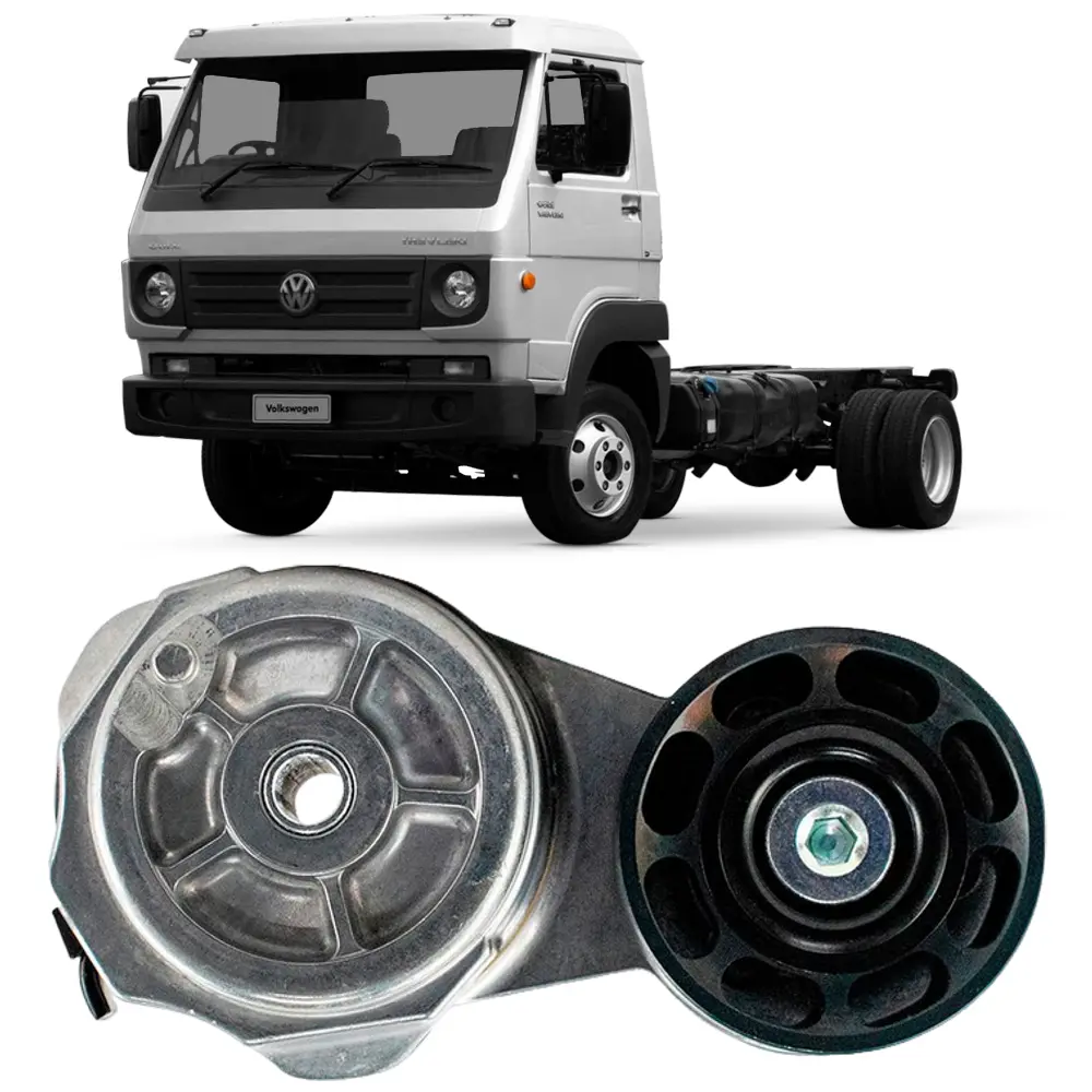 Tensor de correia com caminhão Volkswagen 9160/10160 ao fundo, mostrando aplicação do produto
