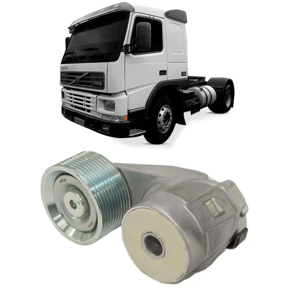 Tensor de correia prateado em primeiro plano com caminhão Volvo ao fundo